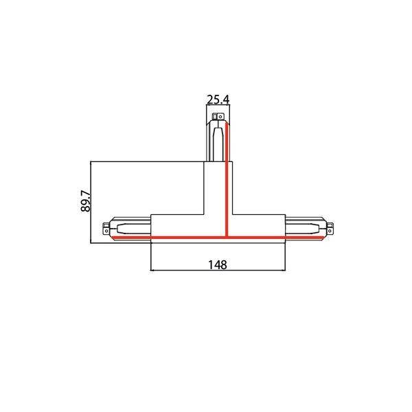 Technische Zeichnung eines Verbindungselements. Maße: Höhe 89,7 mm, Breite 148 mm, vertikaler Teil 25,4 mm breit.