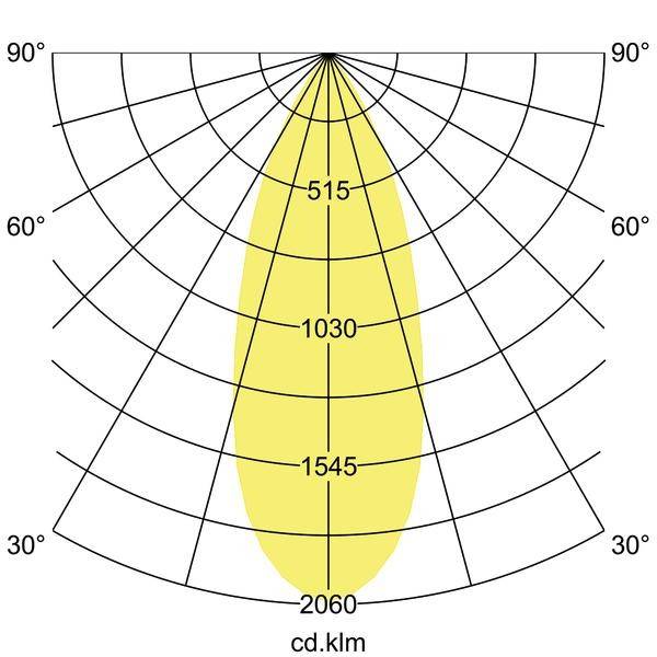 Polardiagramm einer Lichtverteilung mit gelber Fläche. Werte von 515 bis 2060 cd.klm entlang 0° bis 90° und 30° bis 60°.