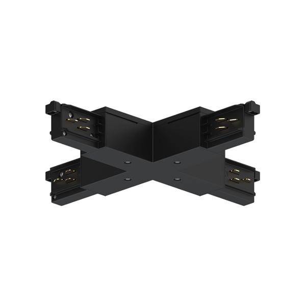 Ein schwarzes X-förmiges elektrisches Steckverbindungsstück, das zur Verbindung von vier Schienenabschnitten dient.