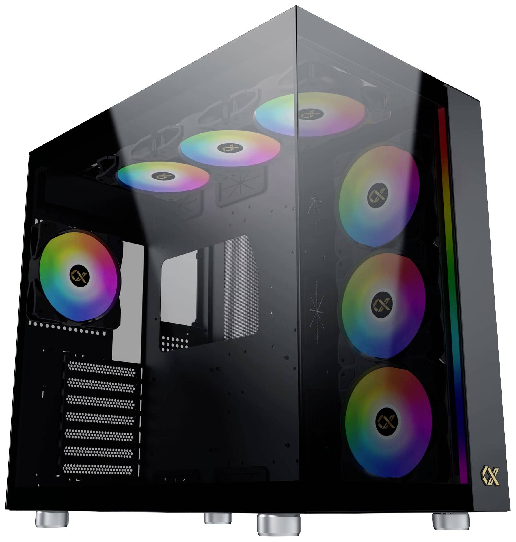 Ein transparenter Computergehäuse-Tower mit mehreren beleuchteten Lüftern in Regenbogenfarben, erkennbar durch die Glasscheiben.