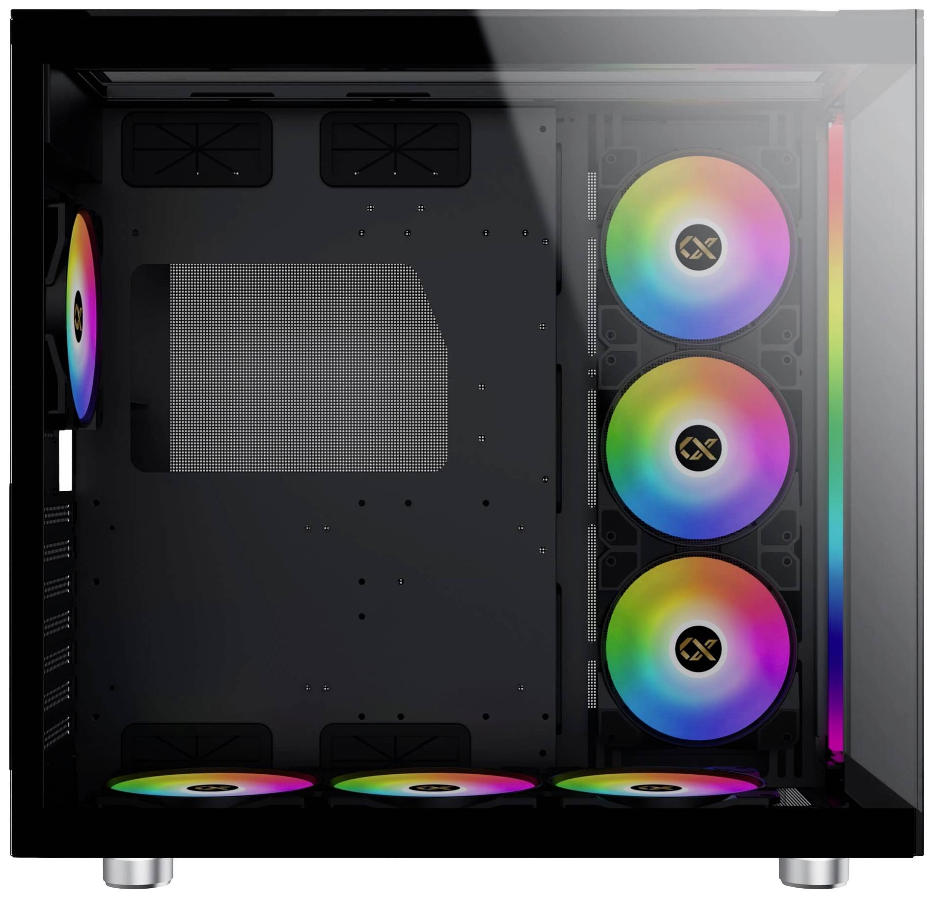 PC-Gehäuse mit Glaspanelen, fünf RGB-Lüftern an der Seite und am Boden. Innenraum leer.