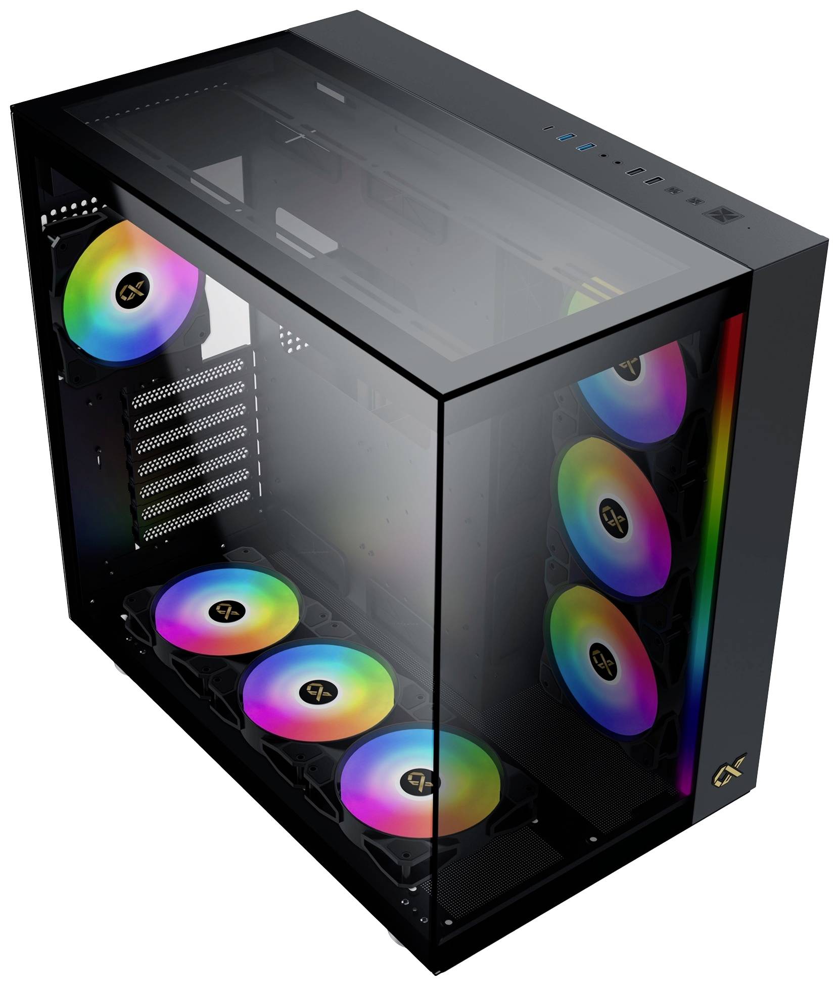 Ein PC-Gehäuse mit transparenten Seitenwänden zeigt fünf bunte RGB-Lüfter, die innen montiert sind.