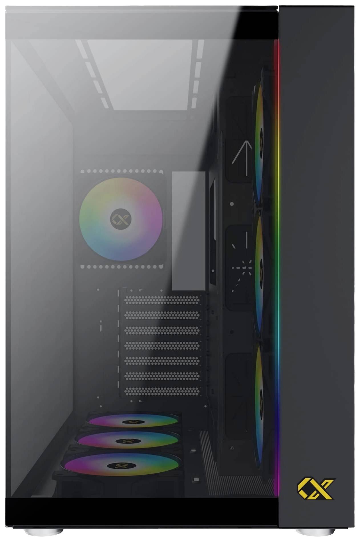 PC-Gehäuse mit durchsichtiger Seitenwand. Im Inneren sind mehrere bunte Lüfter sichtbar. Logo unten rechts auf der Front.