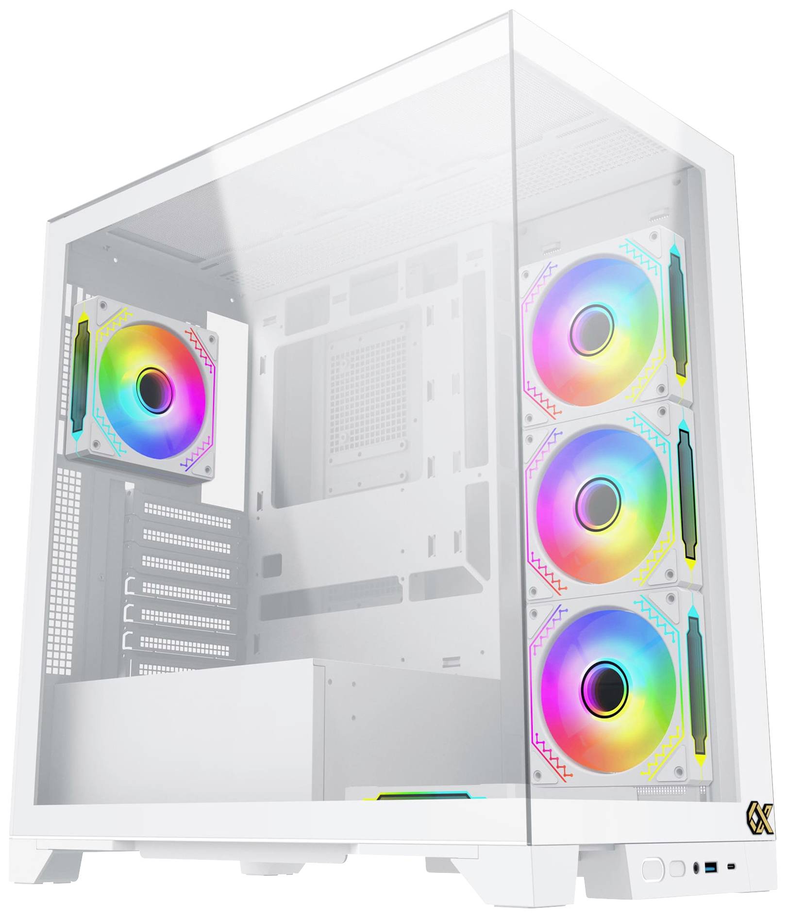 Ein weißes PC-Gehäuse mit durchsichtigem Seitenteil. Es zeigt fünf Lüfter mit RGB-Beleuchtung, die an der Vorder- und Rückseite montiert sind.