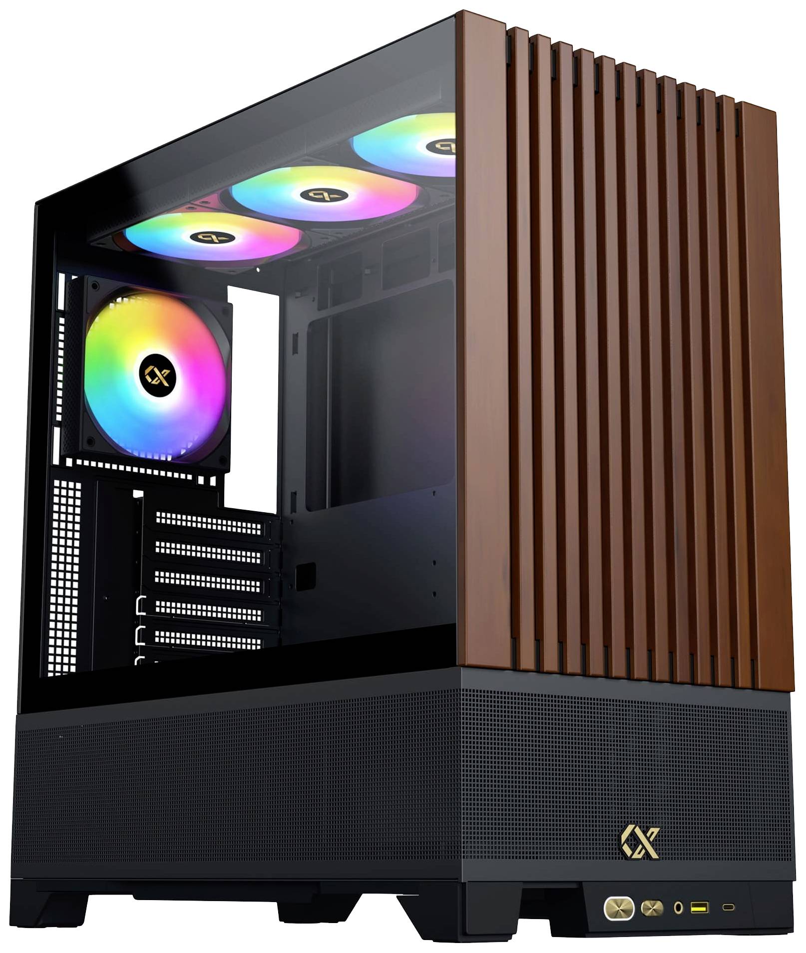 Ein leerer PC-Tower mit RGB-LED-Lüftern und einem modernen Design, das durch vertikale Holzpaneele akzentuiert wird.