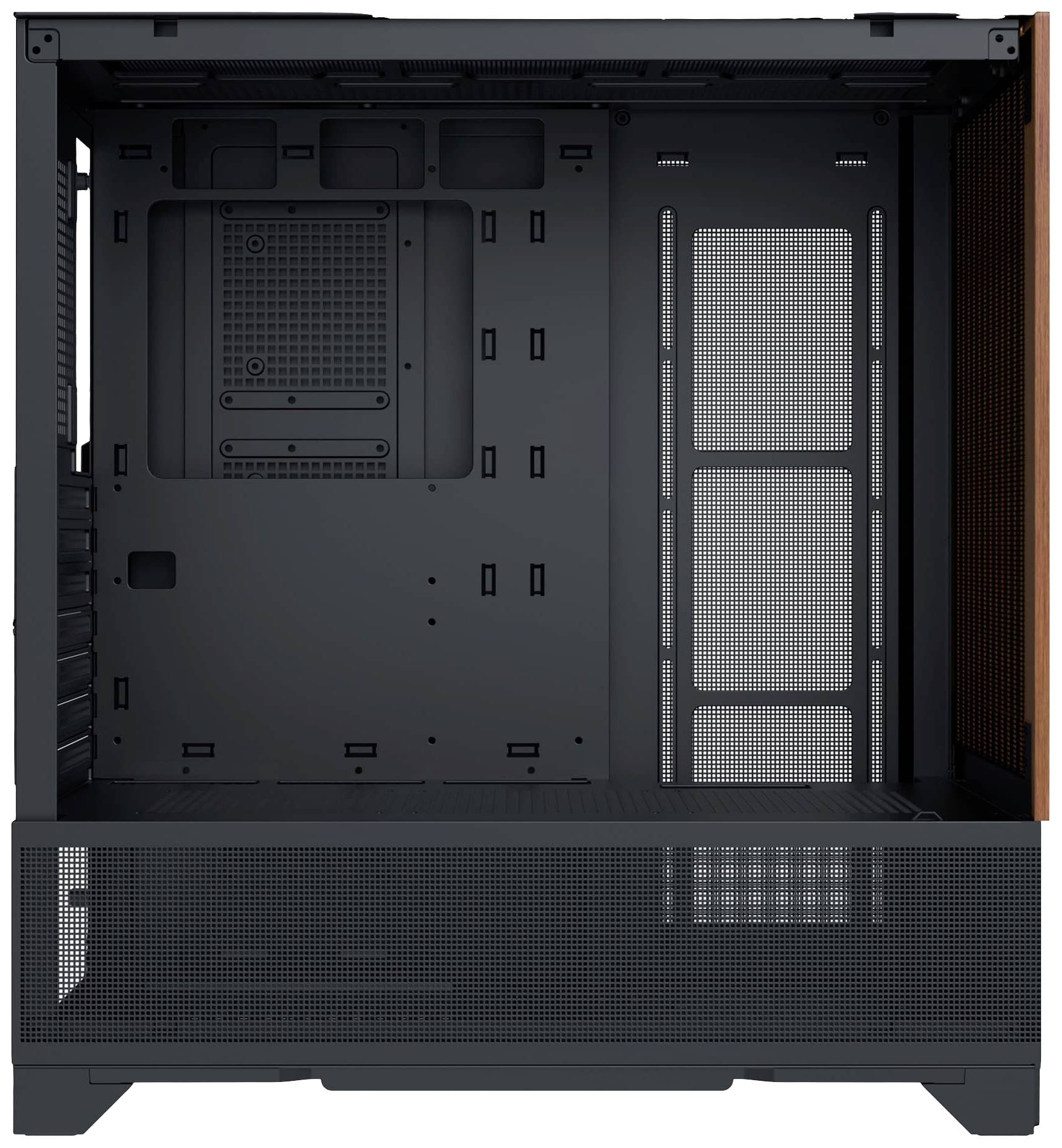 Offenes Computergehäuse in Schwarz ohne Komponenten, mit sichtbaren Lüftungsschlitzen und Montageplatten.