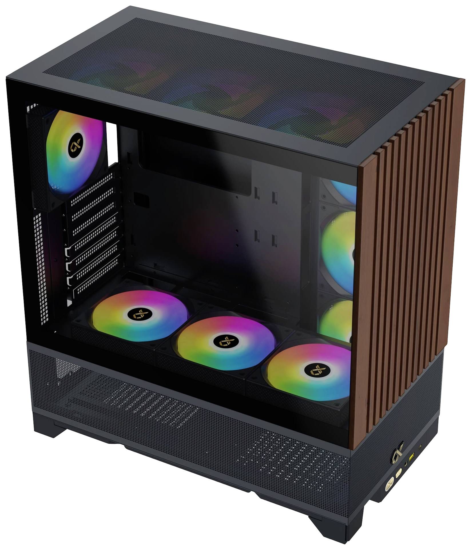 Ein Computergehäuse mit transparenten Seiten, das RGB-beleuchtete Lüfter zeigt. Das Gehäuse besitzt vertikale Holzlatten-Designelemente.