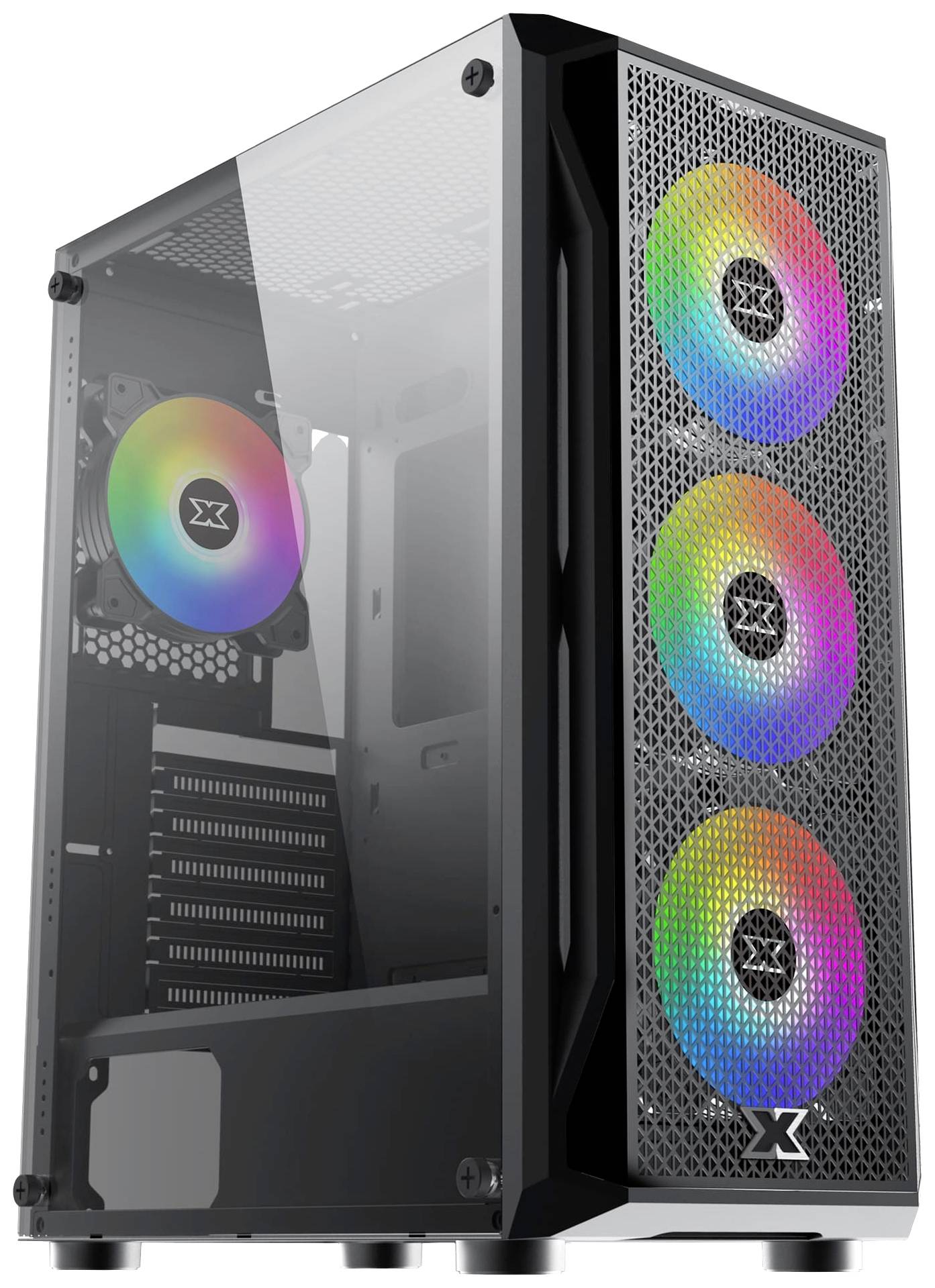 Computergehäuse mit vier RGB-Lüftern, drei vorne und einer hinten, zeigt Glasfenster und modernes Design.