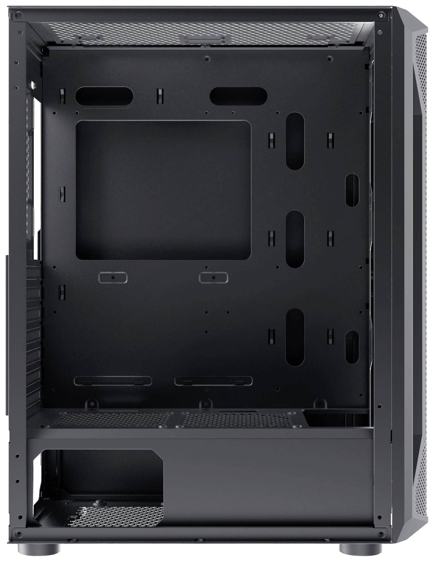 Ein leerer Computerturm mit schwarzem Innenraum und mehreren Schlitzen und Öffnungen für die Installation von Hardwarekomponenten.