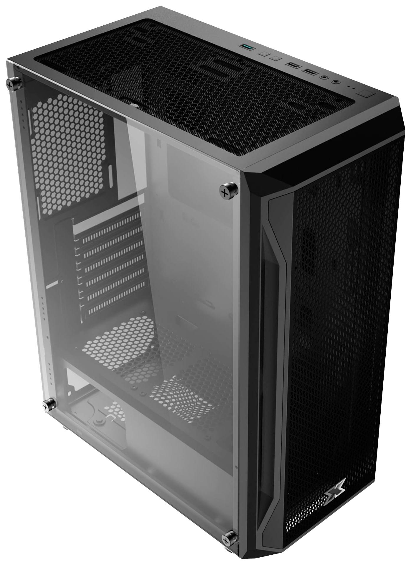 Schwarzes Computergehäuse mit einem transparenten Seitenfenster und Belüftungsöffnungen auf der Oberseite, geeignet für Gaming-Setups.