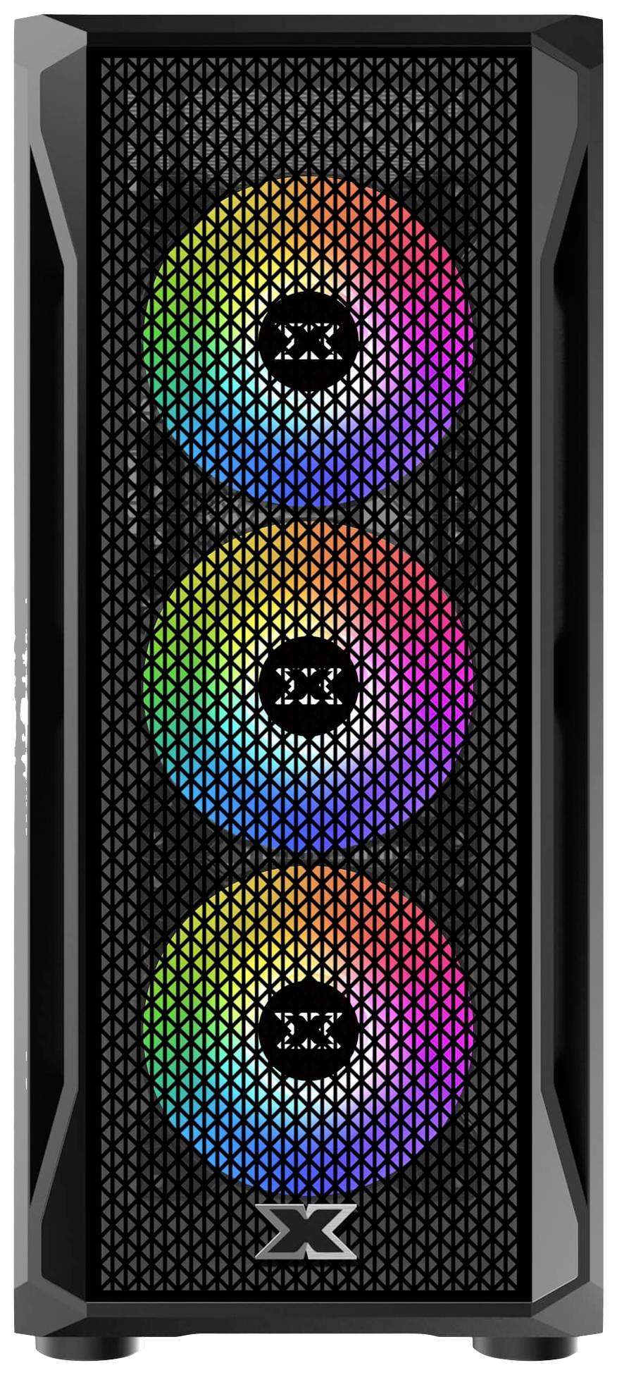 Schwarzes Computergehäuse mit drei leuchtenden RGB-Lüftern an der Front, die in Regenbogenfarben leuchten.