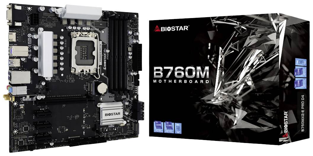 Ein Biostar B760M Motherboard neben seiner Verpackung. Die Verpackung zeigt ein grafisches Design. Hauptmerkmale sind auf der Box hervorgehoben.
