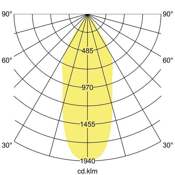 Polarlichtdiagramm zeigt Lichtverteilung einer Lampe; Intensität von 485 bis 1940 cd.klm, Hauptstrahlbereich bei 970 und 1455.