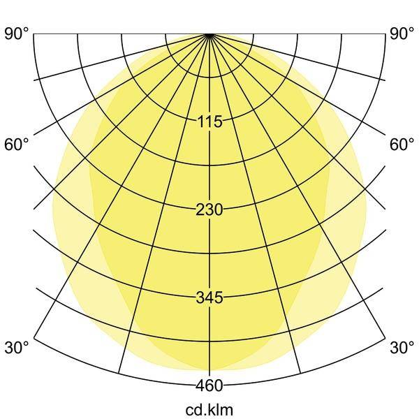 Polarkoordinaten-Diagramm mit gelber Lichtverteilungskennlinie. Achsen: Grad (0° bis 180°), Lichtstärke (115 bis 460 cd).