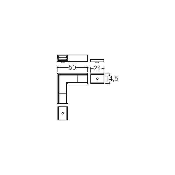 Diagramm eines metallenen Winkelbeschlags mit Maßen: 50 mm Länge, 24 mm Breite, 14,5 mm Tiefe. Oben Ansicht von der Seite.