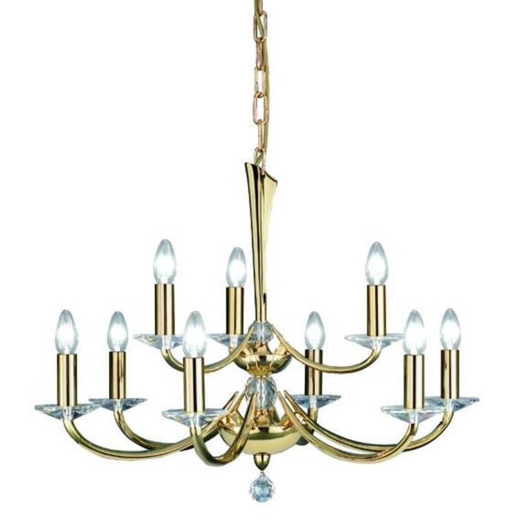 Goldener Kronleuchter mit zehn kerzenförmigen Glühbirnen, an einer Kette hängend. Klassisches Design, funkelnde Details.