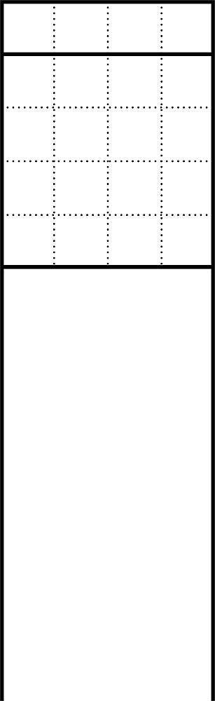 Eine leere Tabelle mit drei Spalten und fünf Zeilen. Die obere Hälfte ist von horizontalen und vertikalen Linien unterteilt.