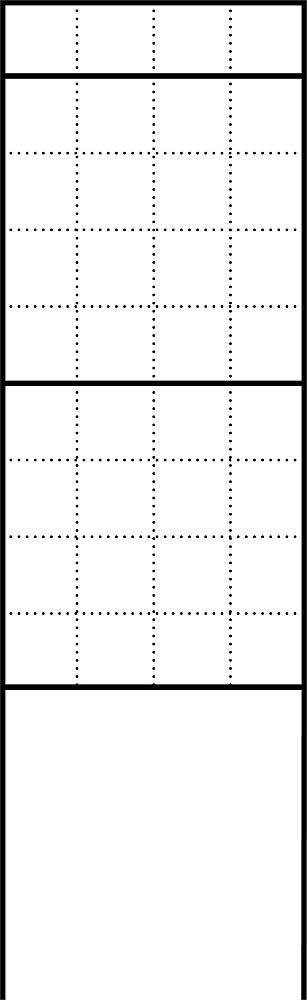 Mehrere Rechtecke in einem vertikalen Layout mit gepunkteten Linien, die leere Tabellen- oder Kalenderseiten darstellen könnten.
