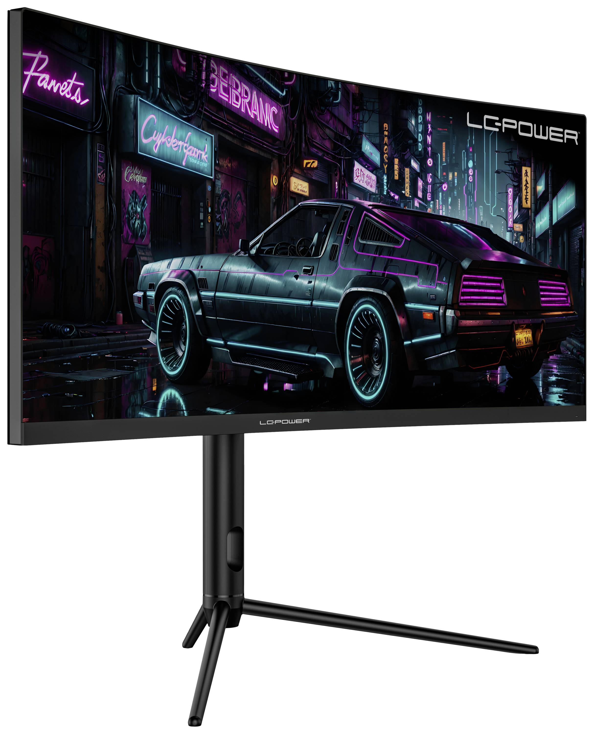 Gebogener Monitor von LC-Power zeigt futuristische Stadtszene mit Auto bei Nacht, beleuchtet von Neonlichtern.