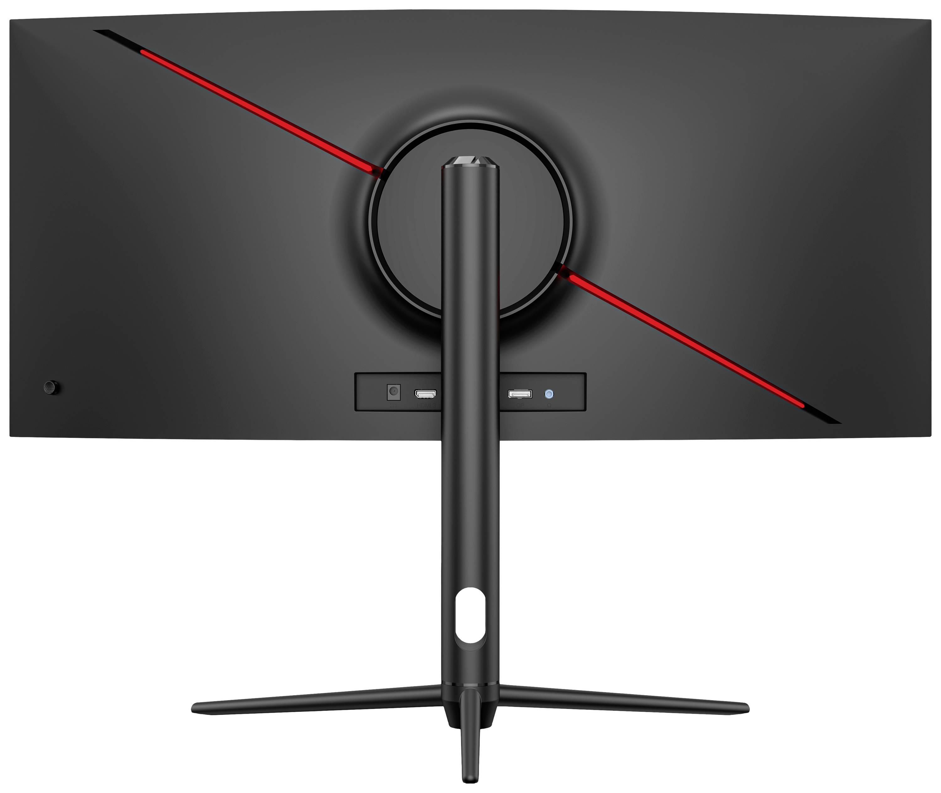 Rückansicht eines gebogenen Computerbildschirms mit rotem Akzent und Standfuß. 디스플레이 포트 und HDMI-Anschlüsse sichtbar.