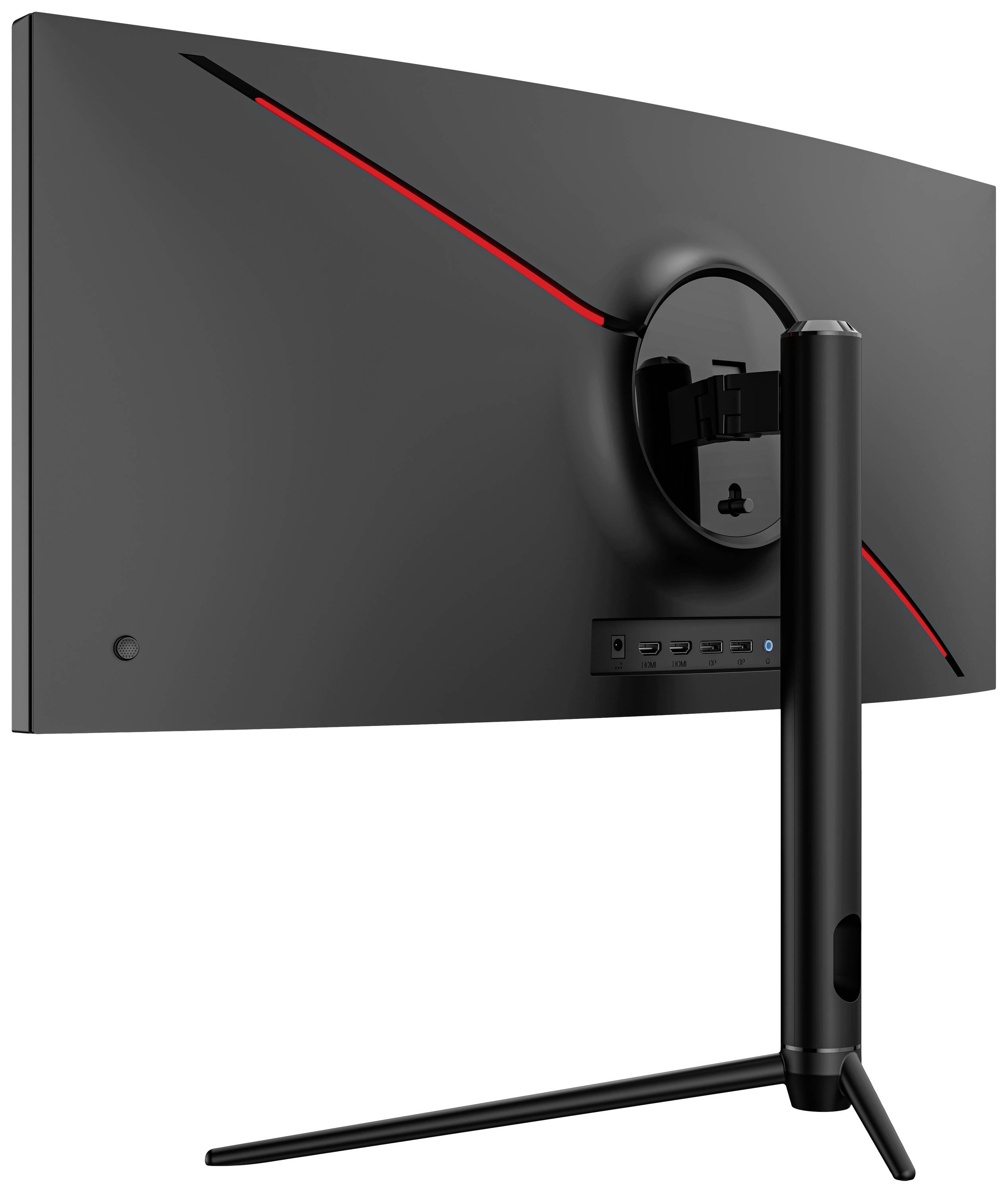 Ein gebogener Monitor von hinten, schwarzes Design mit roten Akzenten, zeigt Ports am unteren Zentrum und hat einen schlichten schwarzen Standfuß.