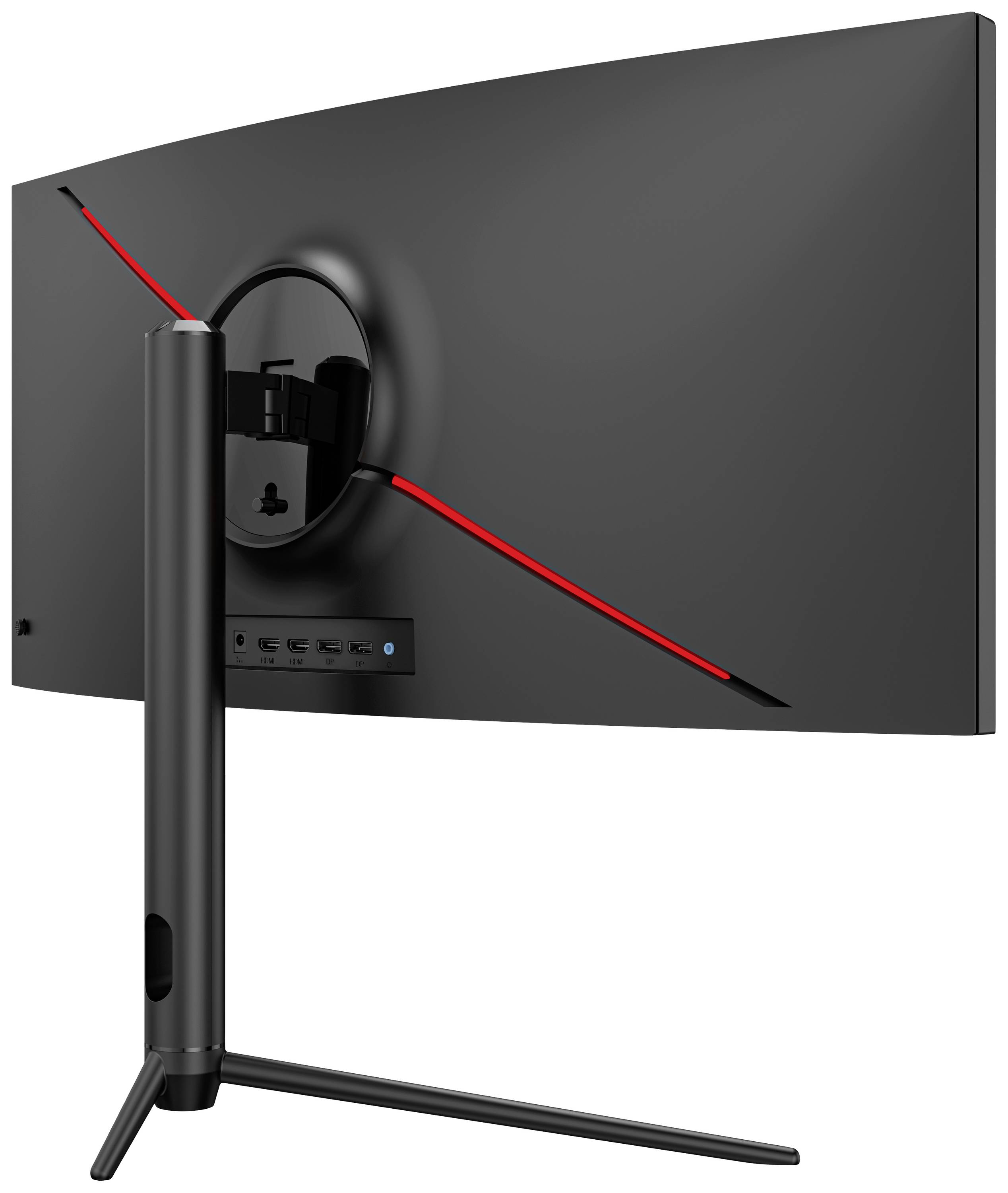 Ein großer, gekrümmter Monitor mit schwarzem Gehäuse und rotem Akzent auf der Rückseite. Der Monitor steht auf einem schlanken Standfuß.
