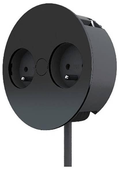 Eine runde, schwarze Steckdose mit zwei Steckdosenöffnungen und einem Stromkabel, das von unten herausragt.