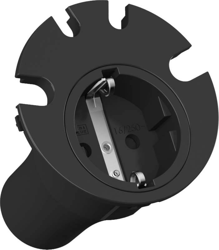 Schwarze Steckdose, teilweise geöffnet, zeigt metallene Kontakte im Inneren. Elektrisches Zubehör, typisches Design für europäische Anschlüsse.