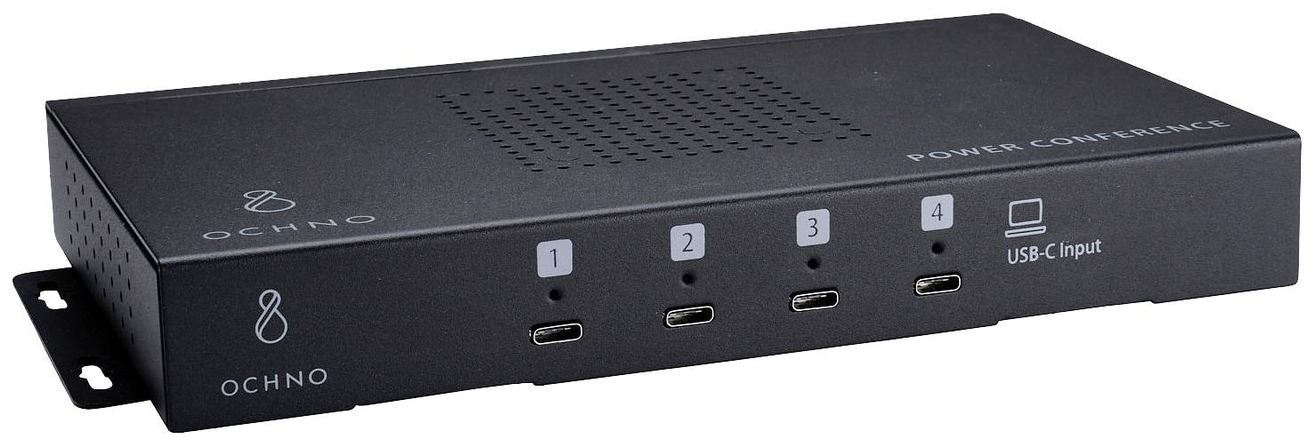 Schwarze Box mit vier USB-C-Anschlüssen, nummeriert von 1 bis 4. Rechts davon Beschriftung 'USB-C Input'. Markenzeichen 'Ochno'.
