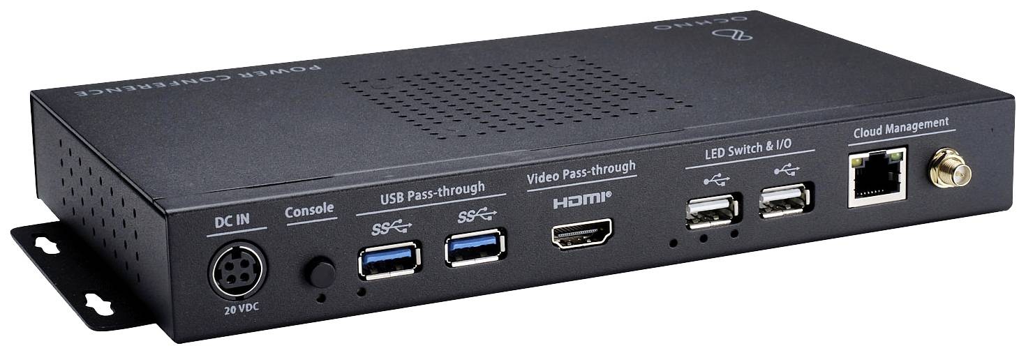 Ein schwarzes Elektronikgerät mit Anschlüssen für Strom, Konsole, USB, HDMI und Netzwerk. Beschriftet mit 'Cloud Management'.