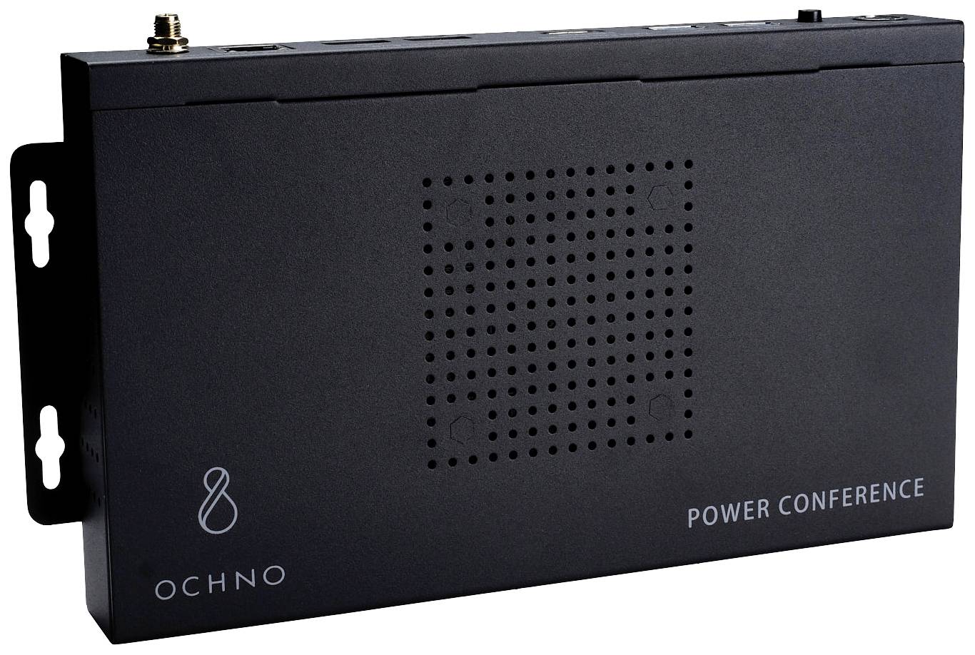 Ein rechteckiges Elektronikgerät mit der Aufschrift 'Ochno Power Conference', schwarzes Gehäuse, Oberseite mit Lüftungsschlitzen.