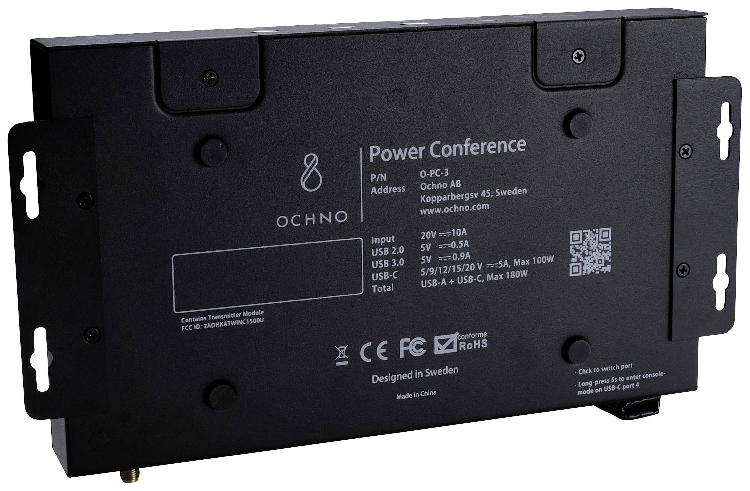 Ein schwarzes Modul mit der Aufschrift 'Power Conference' enthält technische Spezifikationen und Symbole für Zertifizierungen und Anschlüsse.