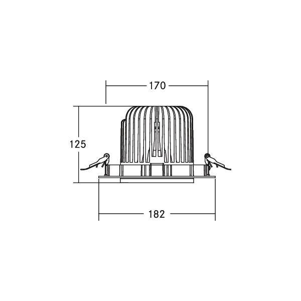 Technische Zeichnung eines runden Deckenlautsprechers. Maße: Höhe 125 mm, Breite 170 mm, Gesamtbreite inklusive Halterungen 182 mm.