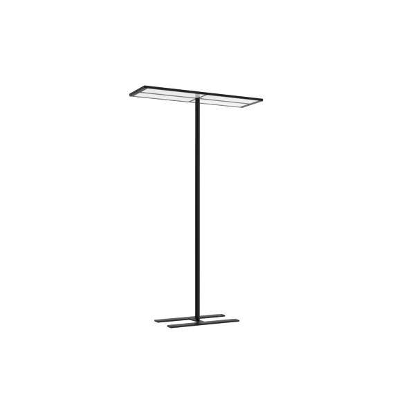 Ein schwarzer, minimalistisch gestalteter Kleiderständer mit T-förmiger Basis und Aufbau, geeignet für moderne Inneneinrichtungen.