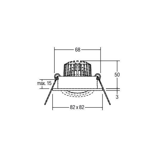 Technische Zeichnung eines quadratischen Einbau-LED-Strahlers. Maße: 68 mm Durchmesser, 50 mm Höhe, 82 x 82 mm Außenmaß.