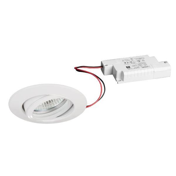 Runder, weißer Deckenstrahler mit angeschlossenem elektrischem Driver. Geeignet zur Deckenmontage, ermöglicht gezieltes Beleuchten.