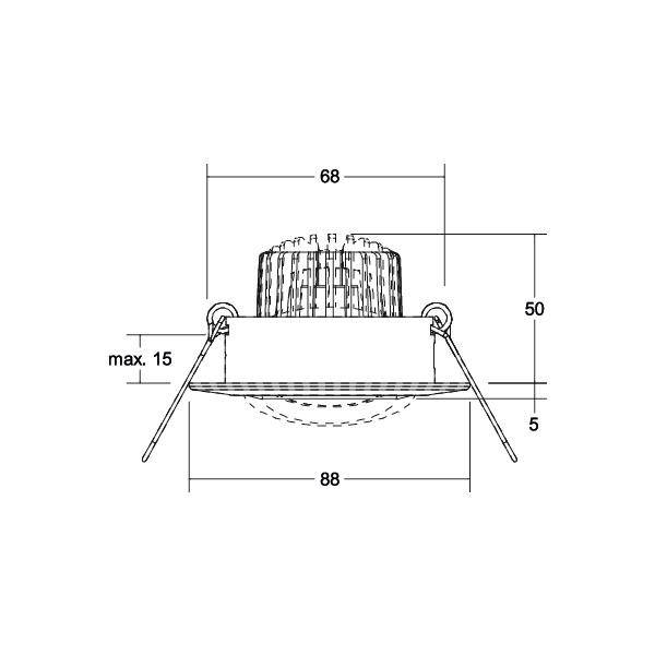 Schematische Zeichnung eines runden Einbaustrahlers mit Maßen: Höhe 50 mm, Durchmesser 68 mm oben, 88 mm unten, Einbautiefe max. 15 mm.