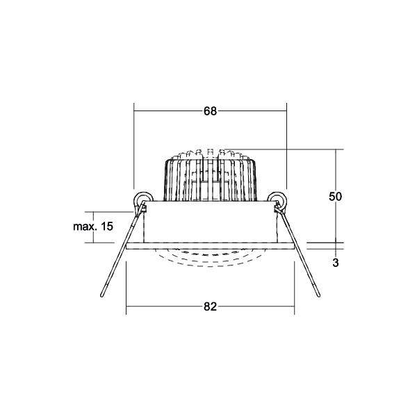Technische Zeichnung eines runden Einbaustrahlers mit Maßangaben: Durchmesser 82 mm, Höhe 50 mm. Maße der Befestigung max. 15 mm.