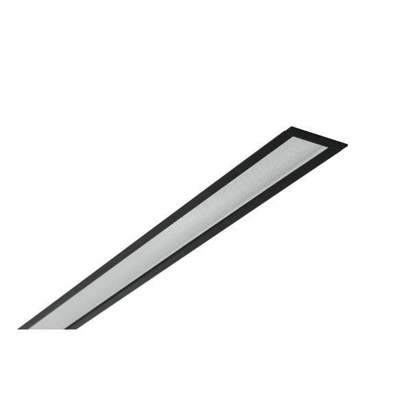 Dekorative, schmale, rechteckige LED-Leuchte mit schwarzem Rahmen, zeigt diagonale Perspektive von unten.