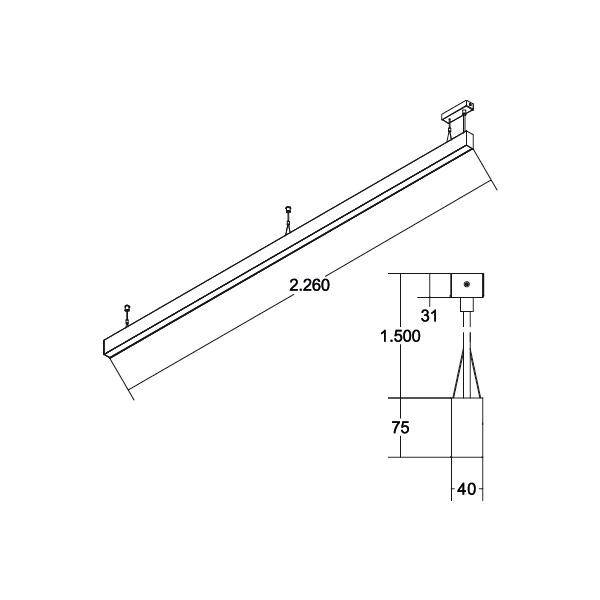 Technische Zeichnung eines Metallprofils mit den Maßen: Länge 2.260 mm, Höhe 75 mm, Breite 31 mm. Detaillierte Ansicht des Querschnitts.