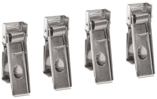 Vier silberne Metallklammern mit Federn, gleichmäßig nebeneinander angeordnet.