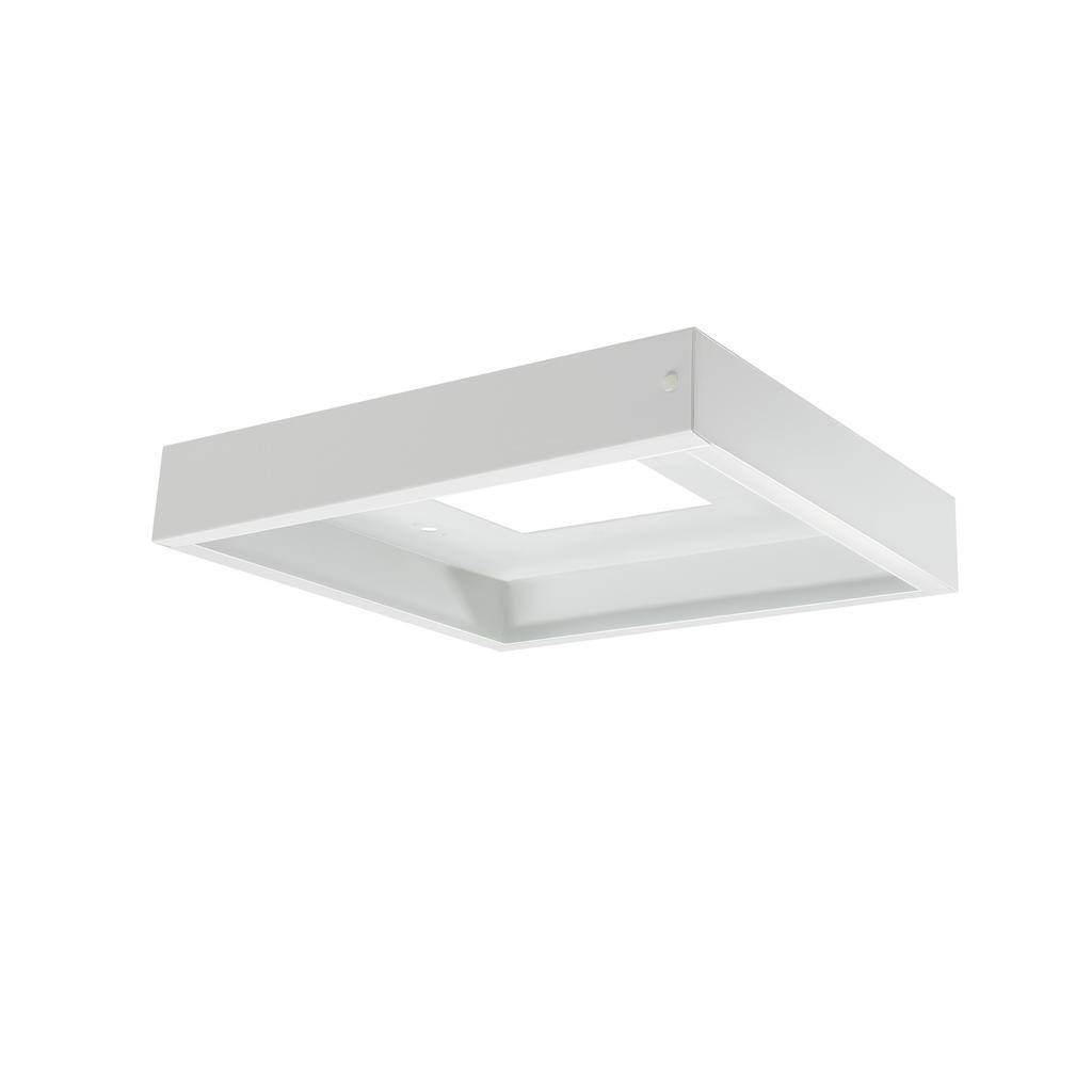 Weiße quadratische Deckenleuchte mit modernem Design, geeignet für Wohn- oder Büroräume.