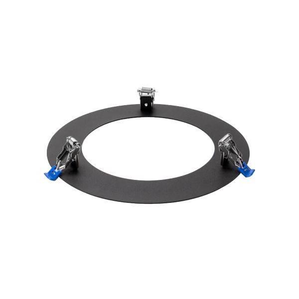 Runde schwarze Metallhalterung mit drei blauen Clips, verwendet zur Befestigung oder Montage.