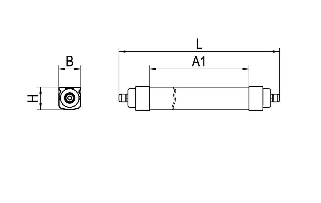 Technische Zeichnung eines zylindrischen Bauteils mit Längenangaben: Höhe 'H', Breite 'B', Gesamtlänge 'L', Teilstück 'A1'.