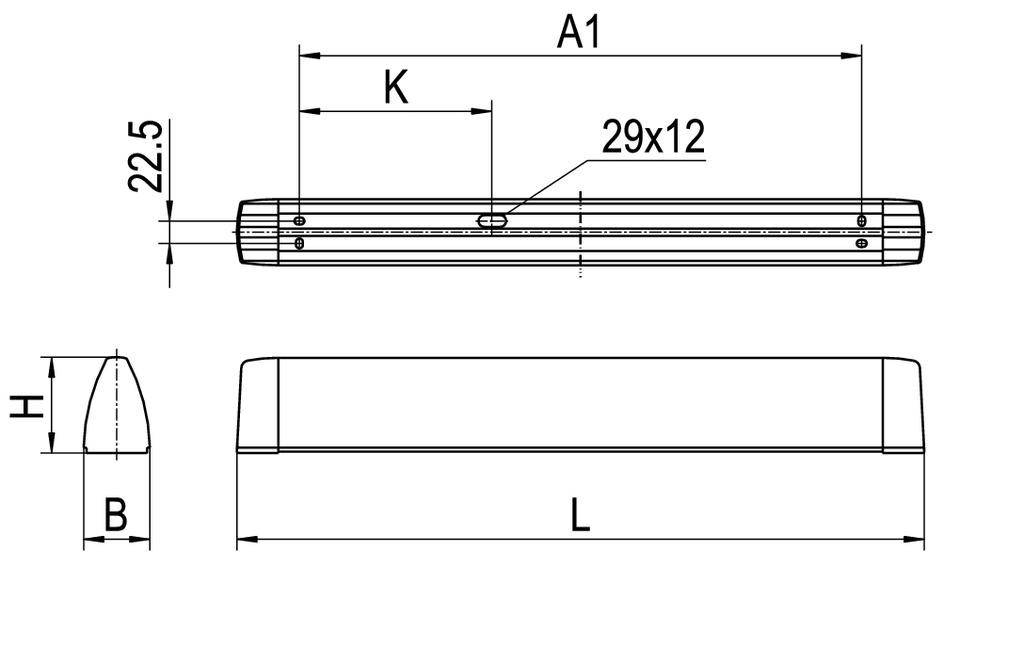 Technische Zeichnung zeigt eine rechteckige, flache Komponente. Maße: Länge 'L', Breite 'B', Höhe 'H', und Beschriftungen 'A1', 'K', '29x12'.