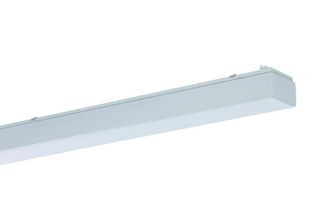 Eine weiße, rechteckige LED-Leuchte für Deckenmontage, schlichtes Design, seitlich abgebildet vor einem neutralen Hintergrund.