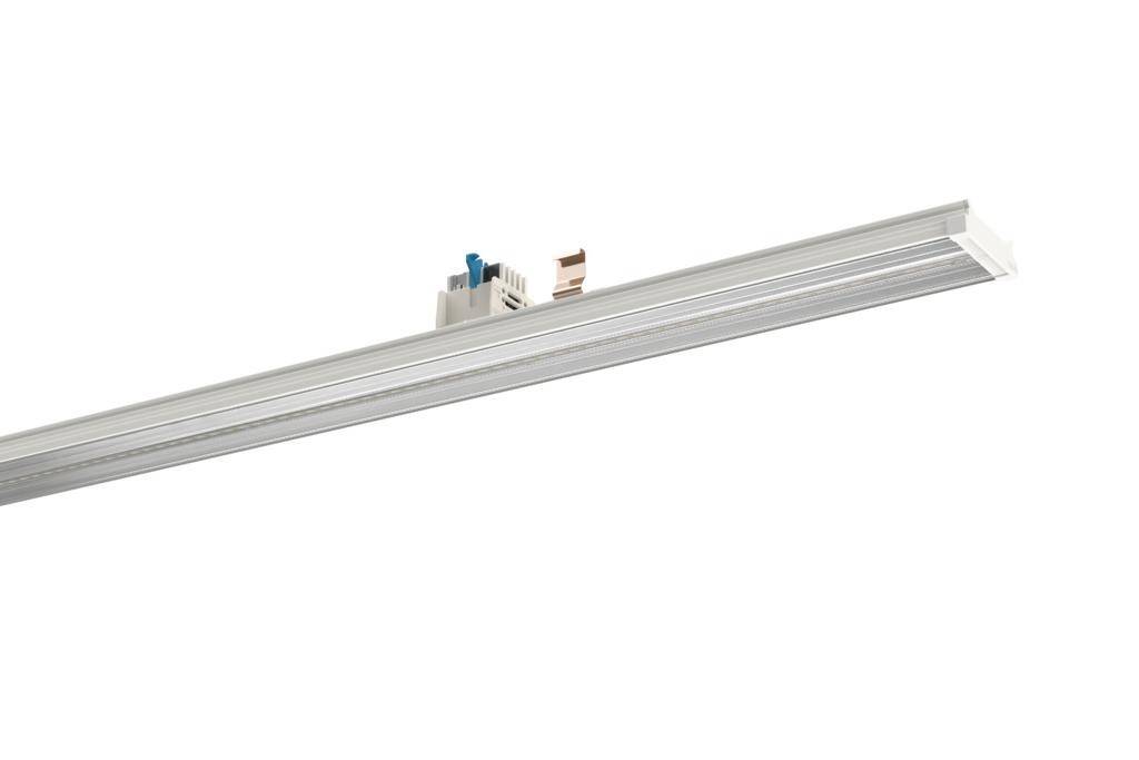Weiße lineare Lichtleiste in einem minimalen Design, geeignet für moderne Innenräume oder Arbeitsplätze, bietet gleichmäßige Beleuchtung.