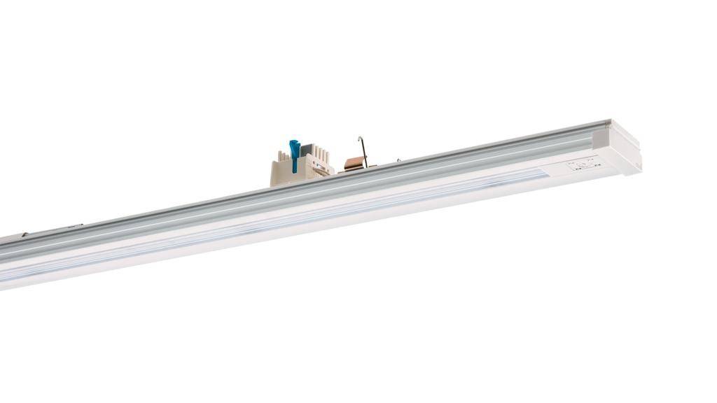 Einzelne LED-Leuchte in metallischer Schiene, mit sichtbaren elektrischen Komponenten. Verwendet zur Beleuchtung in Innenräumen.