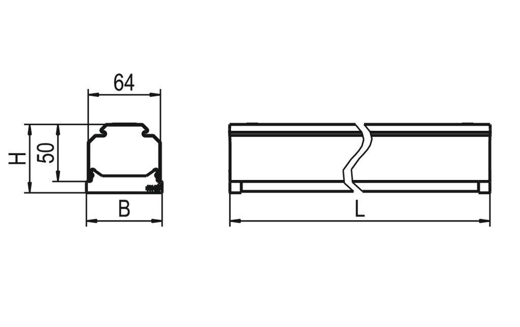 Technische Zeichnung eines Profils mit den Maßen: Höhe (H) 50 mm, Breite (B) nicht spezifiziert, Länge (L) nicht spezifiziert, Breite von 64 mm.