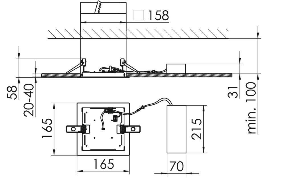 Technische Zeichnung einer Einbauleuchte mit Abmessungen: Höhe 58 mm, Breite 165 mm, Länge 215 mm, minimale Deckenstärke 100 mm.